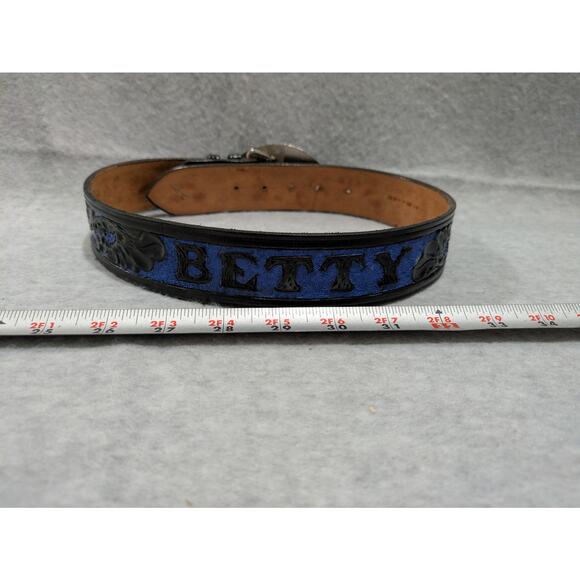 Vintage Black Leather Belt Embossed Pattern Floral Silver Blue Buckle‎ Betty 28" - Picture 9 of 9